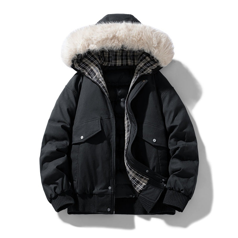 Men's Quilted Bomber Jacket with Faux Fur Hood and Chest Flap Pockets