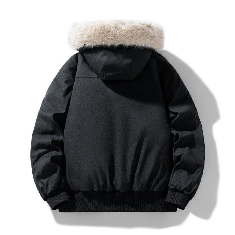 Men's Quilted Bomber Jacket with Faux Fur Hood and Chest Flap Pockets