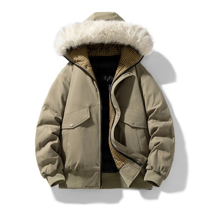 Men's Quilted Bomber Jacket with Faux Fur Hood and Chest Flap Pockets