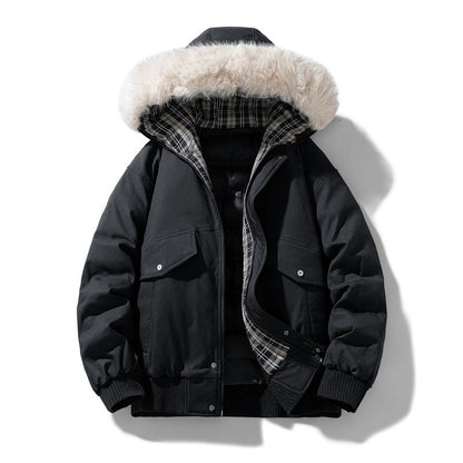 Men's Quilted Bomber Jacket with Faux Fur Hood and Chest Flap Pockets