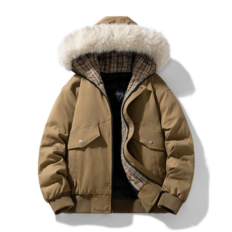 Men's Quilted Bomber Jacket with Faux Fur Hood and Chest Flap Pockets