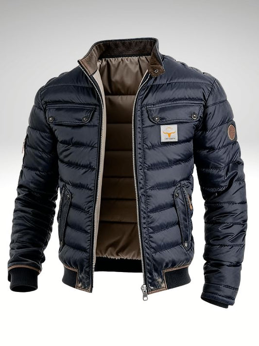 Men's Quilted Bomber Jacket with Stand Collar and Multiple Pockets