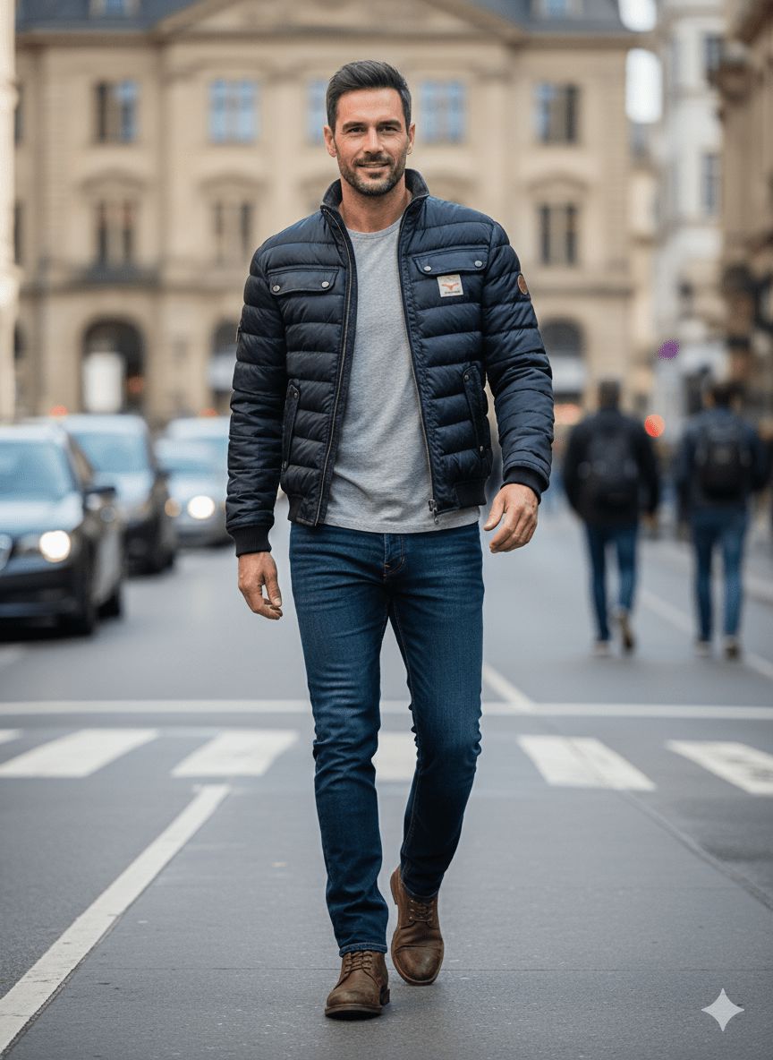 Men's Quilted Bomber Jacket with Stand Collar and Multiple Pockets