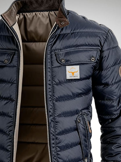 Men's Quilted Bomber Jacket with Stand Collar and Multiple Pockets