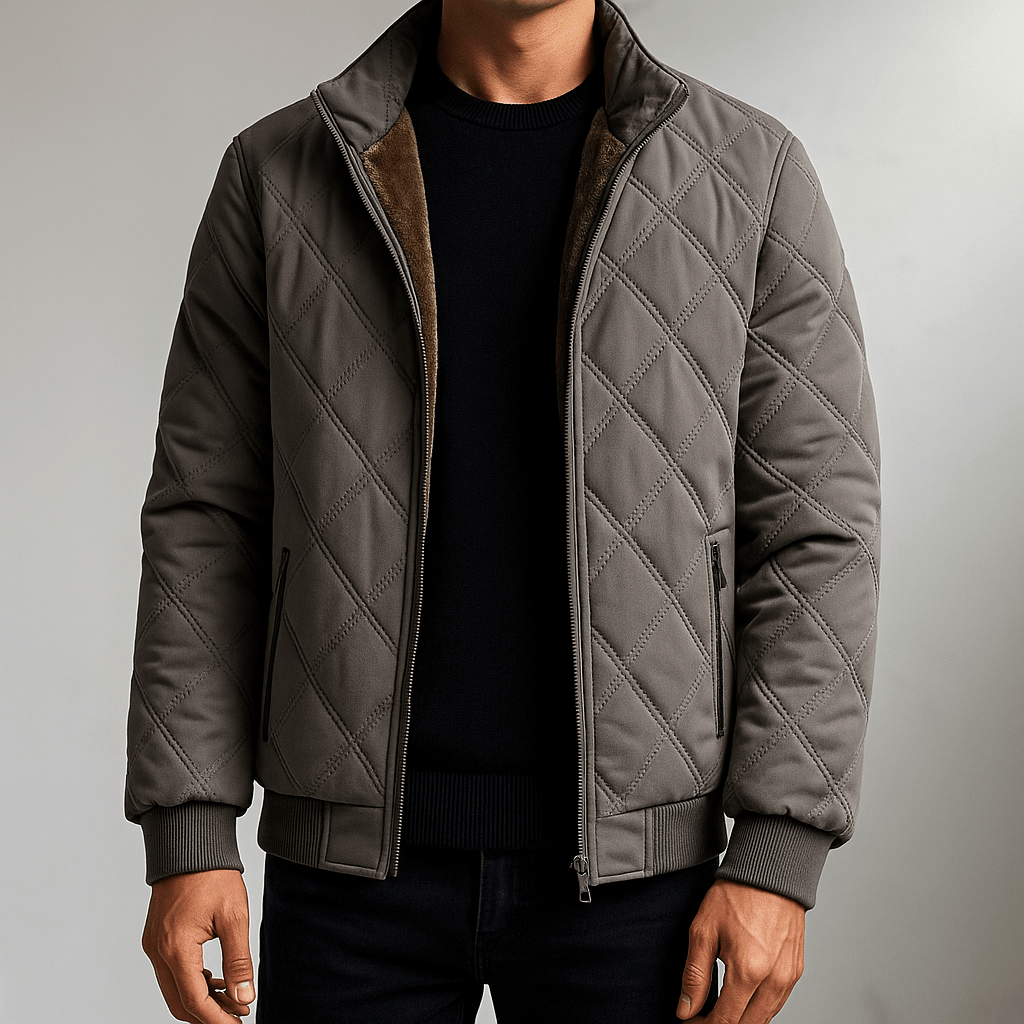 Men's Quilted Bomber Jacket with Stand Collar, Zip Pockets and Diamond Stitching