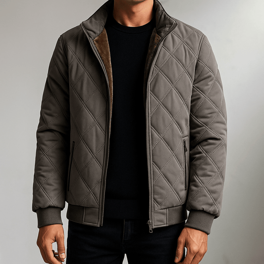 Men's Quilted Bomber Jacket with Stand Collar, Zip Pockets and Diamond Stitching