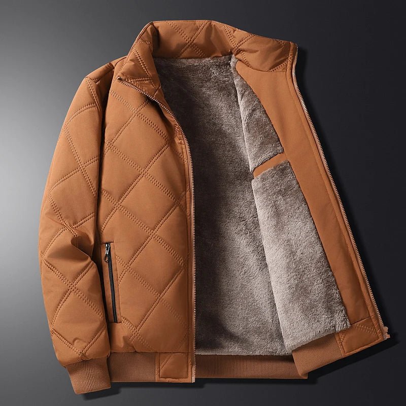 Men's Quilted Bomber Jacket with Stand Collar, Zip Pockets and Diamond Stitching