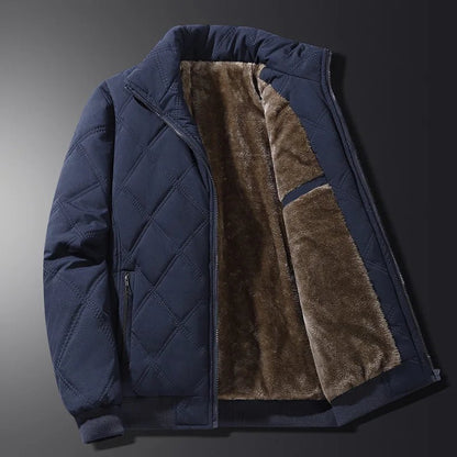 Men's Quilted Bomber Jacket with Stand Collar, Zip Pockets and Diamond Stitching
