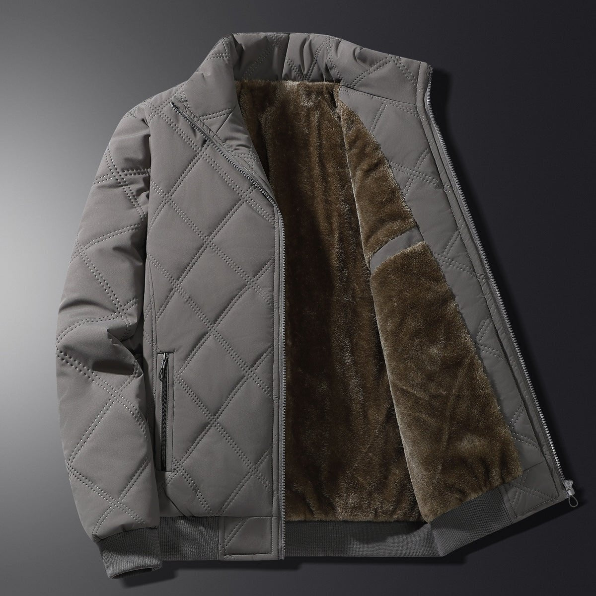 Men's Quilted Bomber Jacket with Stand Collar, Zip Pockets and Diamond Stitching