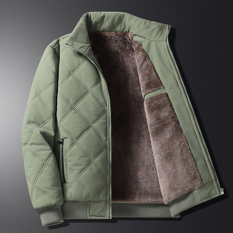 Men's Quilted Bomber Jacket with Stand Collar, Zip Pockets and Diamond Stitching