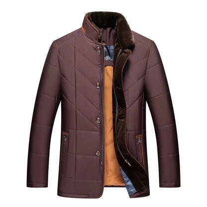 Men's Quilted Winter Jacket with Plush Collar, Zip and Button Front