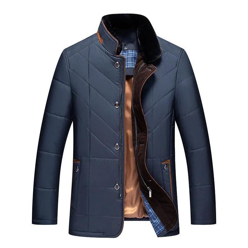 Men's Quilted Winter Jacket with Plush Collar, Zip and Button Front