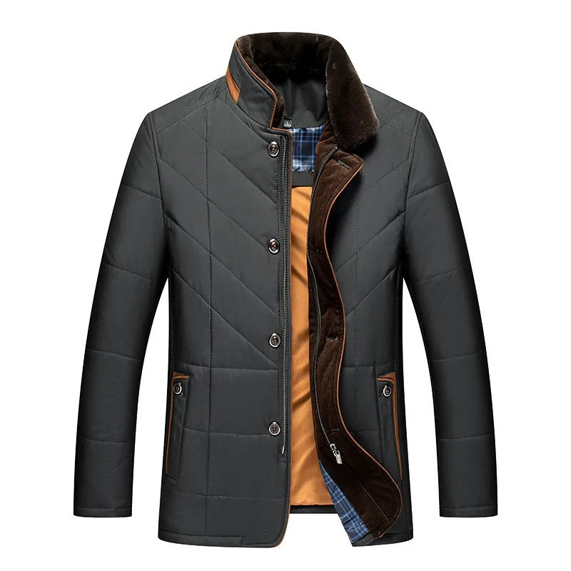 Men's Quilted Winter Jacket with Plush Collar, Zip and Button Front