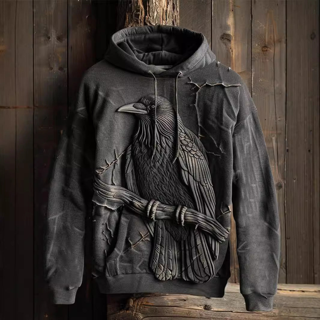 Men's Raven Graphic Hoodie with Drawstring Hood and All-Over Print
