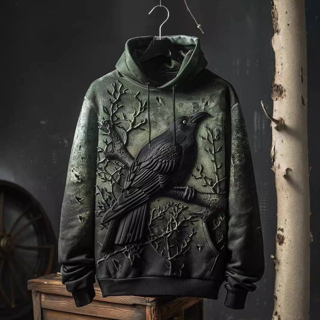 Men's Raven Graphic Hoodie with Drawstring Hood and All-Over Print