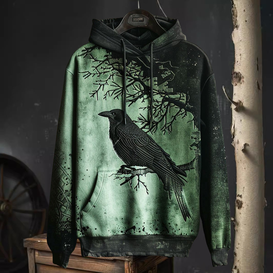 Men's Raven Graphic Hoodie with Drawstring Hood and All-Over Print