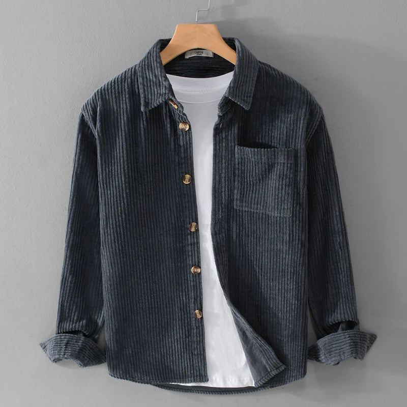 Men's Relaxed Corduroy Shirt with Chest Pocket and Buttoned Cuffs