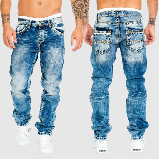 Men's Relaxed Fit Jeans with Acid Wash and Contrast Stitching