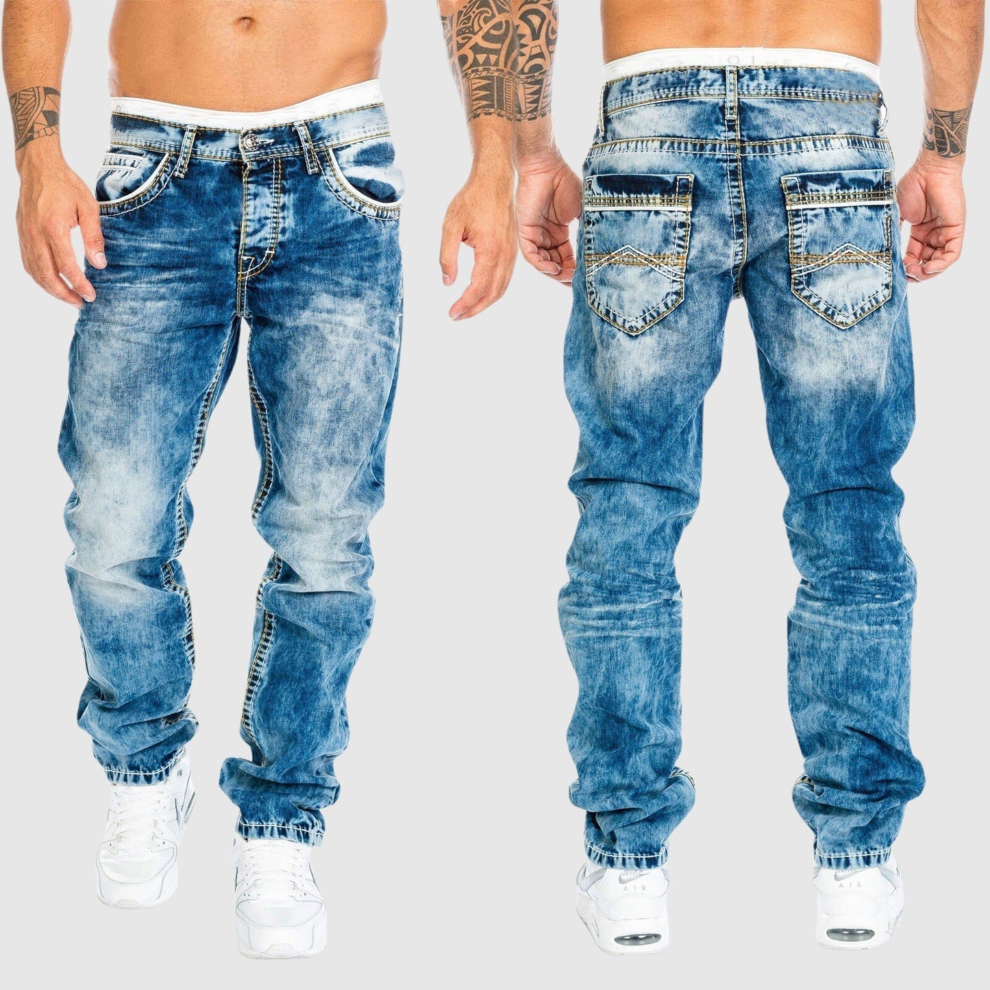 Men's Relaxed Fit Jeans with Acid Wash and Contrast Stitching