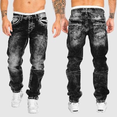Men's Relaxed Fit Jeans with Acid Wash and Contrast Stitching