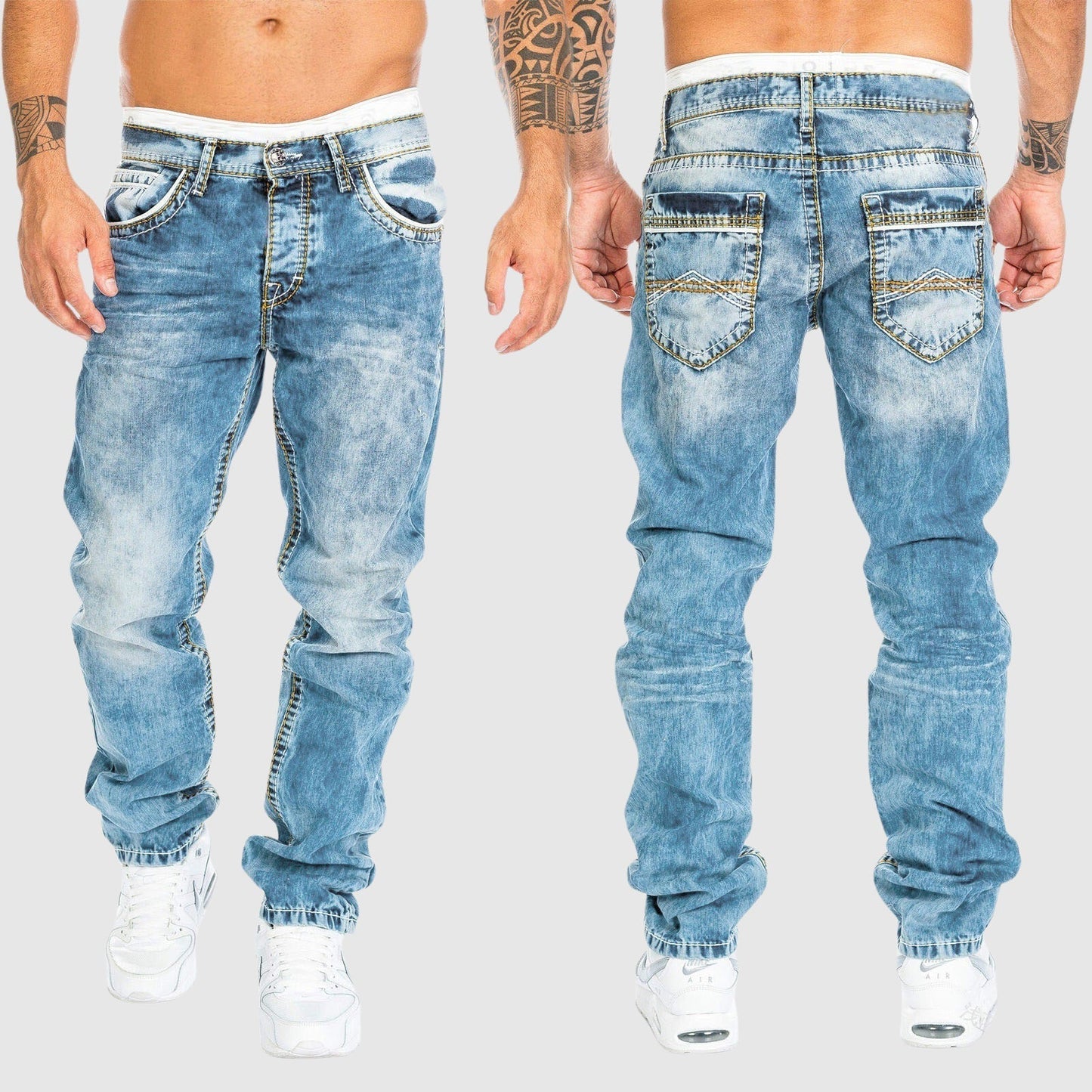 Men's Relaxed Fit Jeans with Acid Wash and Contrast Stitching