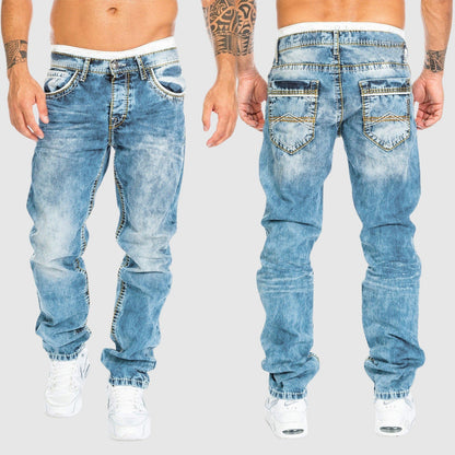 Men's Relaxed Fit Jeans with Acid Wash and Contrast Stitching
