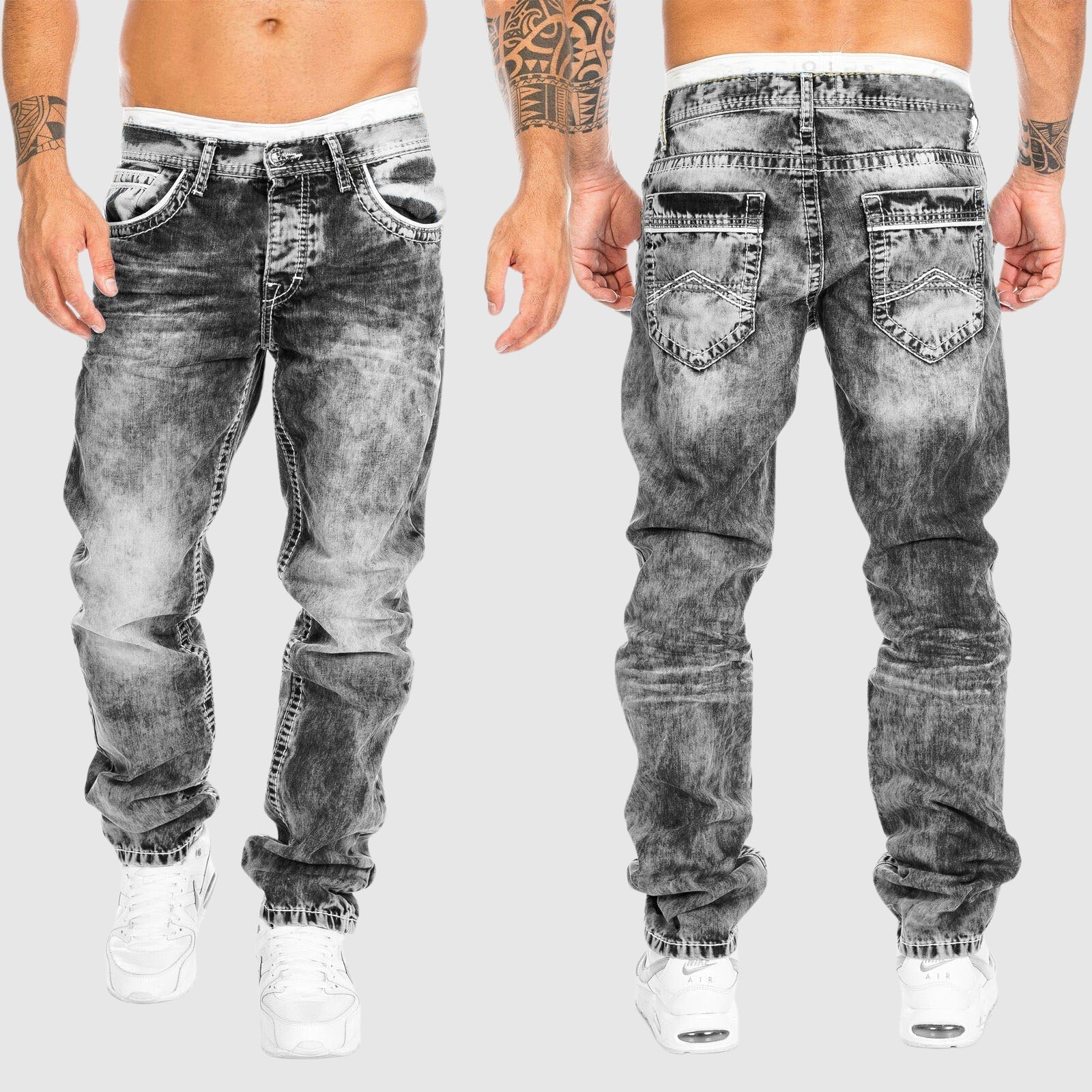 Men's Relaxed Fit Jeans with Acid Wash and Contrast Stitching