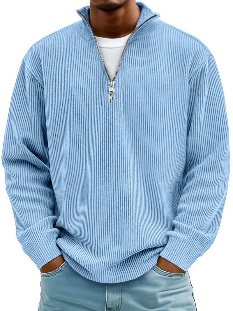 Men's Relaxed Half-Zip Ribbed Sweater with Stand Collar
