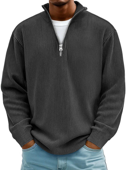 Men's Relaxed Half-Zip Ribbed Sweater with Stand Collar