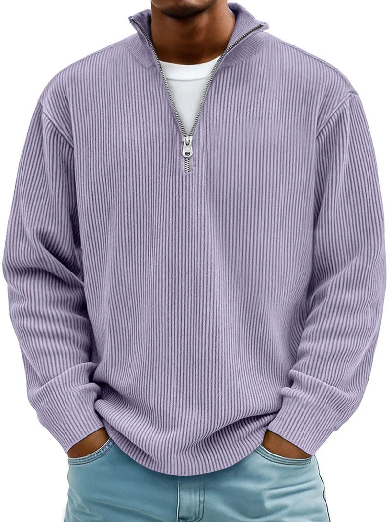 Men's Relaxed Half-Zip Ribbed Sweater with Stand Collar