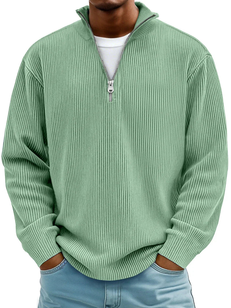 Men's Relaxed Half-Zip Ribbed Sweater with Stand Collar