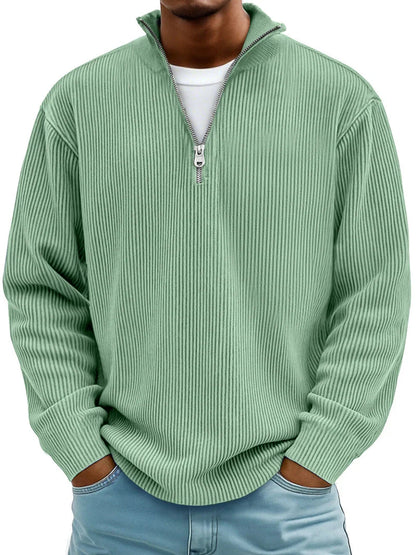 Men's Relaxed Half-Zip Ribbed Sweater with Stand Collar