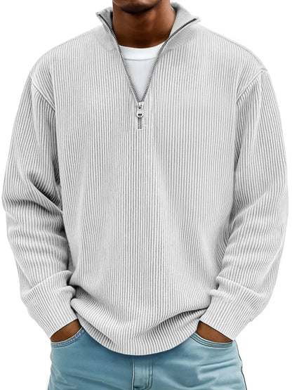 Men's Relaxed Half-Zip Ribbed Sweater with Stand Collar