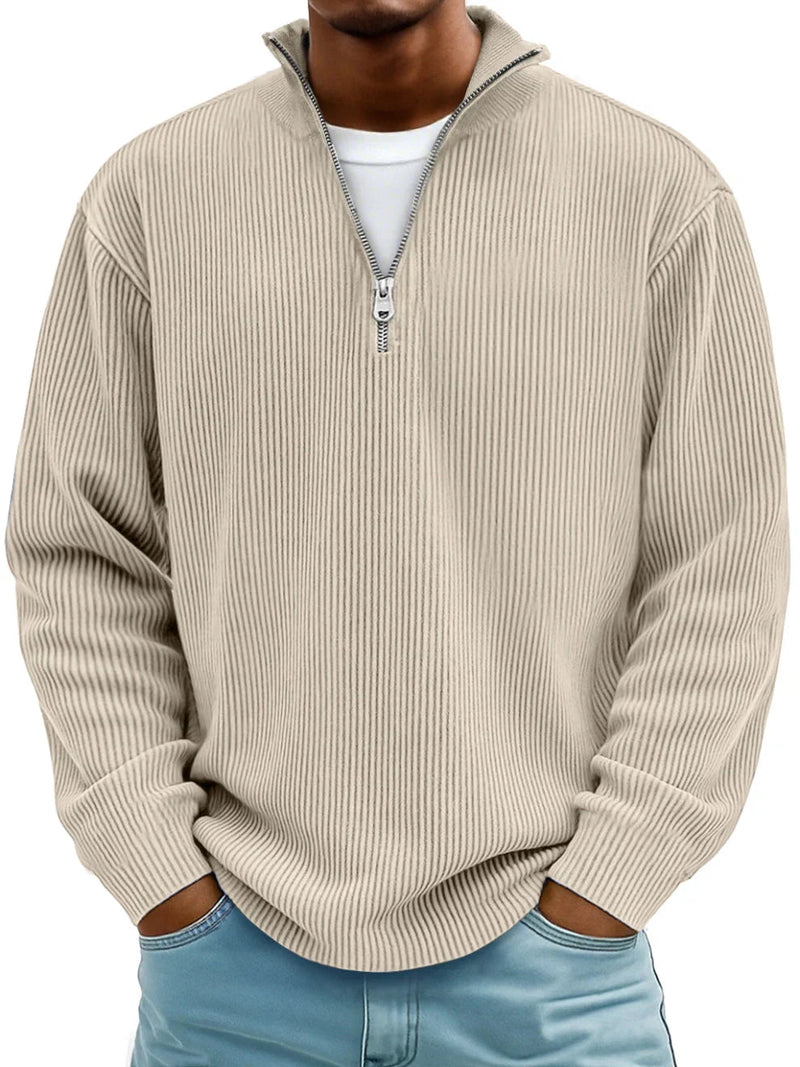Men's Relaxed Half-Zip Ribbed Sweater with Stand Collar