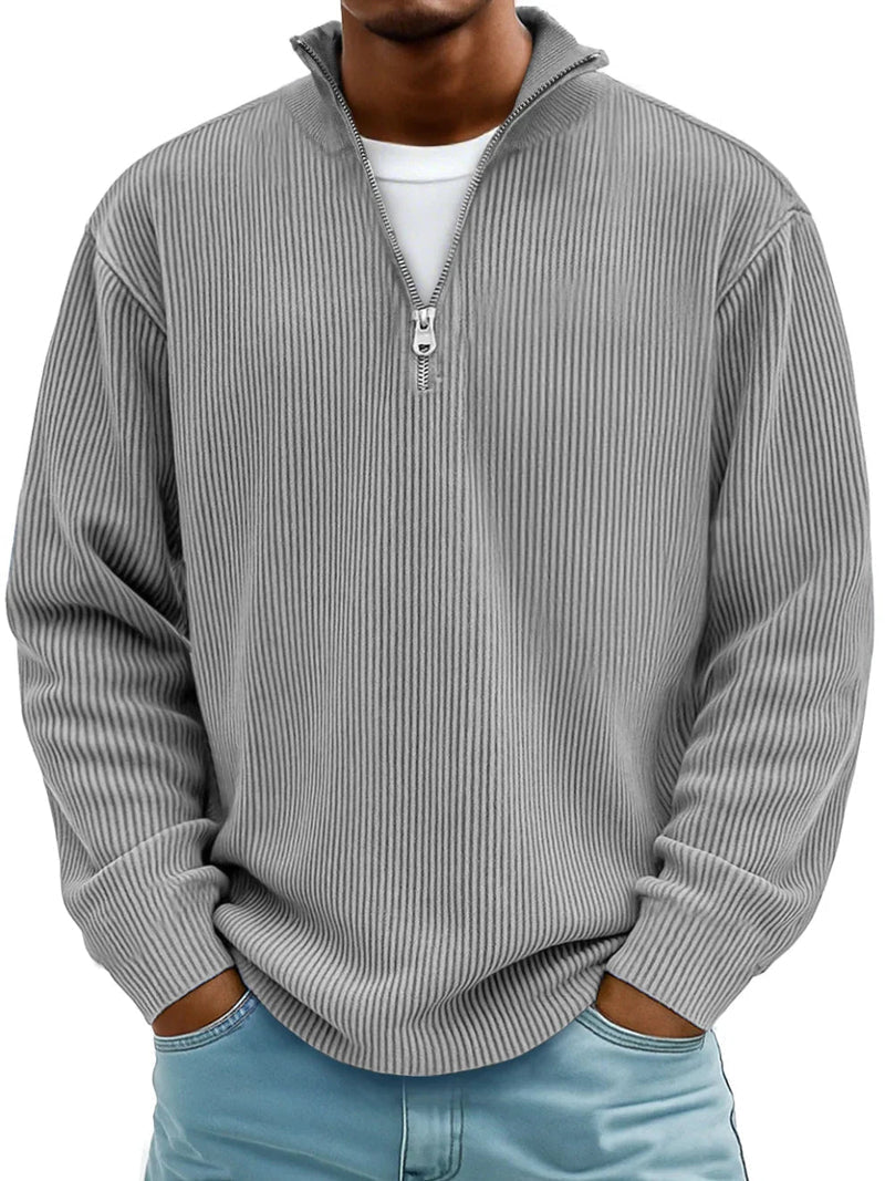 Men's Relaxed Half-Zip Ribbed Sweater with Stand Collar