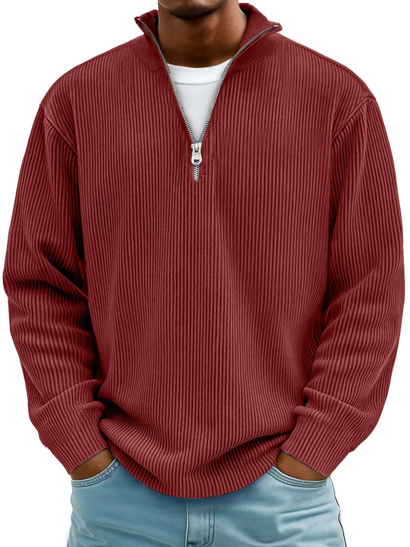 Men's Relaxed Half-Zip Ribbed Sweater with Stand Collar