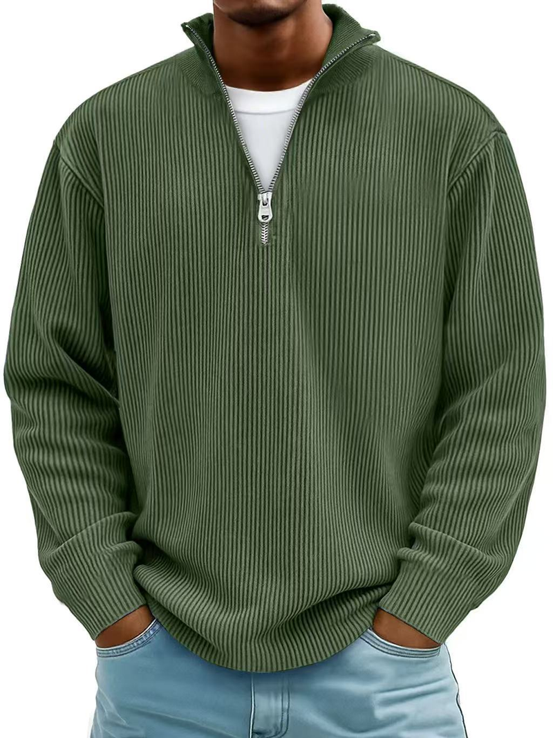 Men's Relaxed Half-Zip Ribbed Sweater with Stand Collar