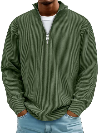 Men's Relaxed Half-Zip Ribbed Sweater with Stand Collar