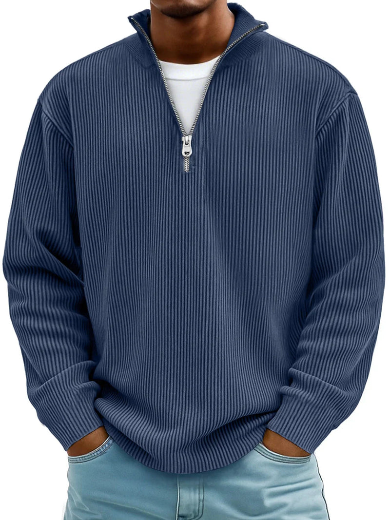 Men's Relaxed Half-Zip Ribbed Sweater with Stand Collar