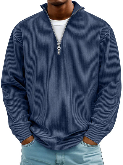 Men's Relaxed Half-Zip Ribbed Sweater with Stand Collar