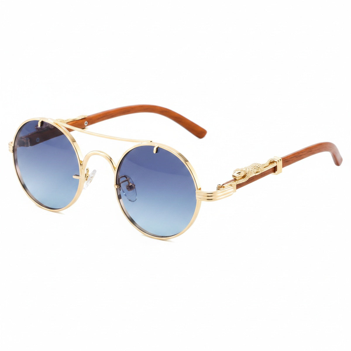 Men's Retro Round Sunglasses with Gold Frame and Leopard Detail