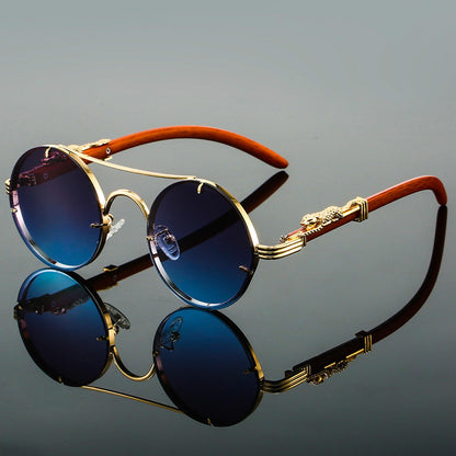 Men's Retro Round Sunglasses with Gold Frame and Leopard Detail