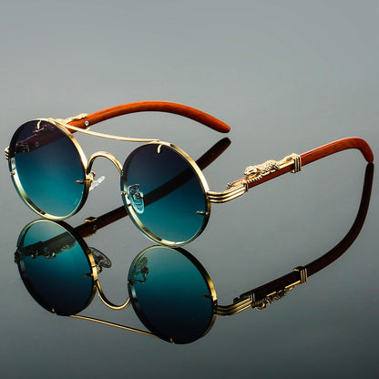 Men's Retro Round Sunglasses with Gold Frame and Leopard Detail