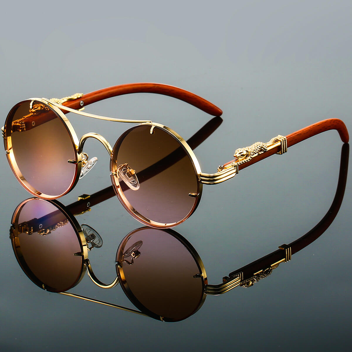 Men's Retro Round Sunglasses with Gold Frame and Leopard Detail