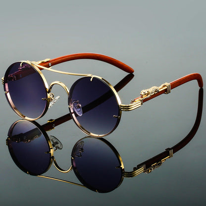 Men's Retro Round Sunglasses with Gold Frame and Leopard Detail