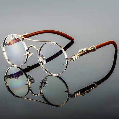 Men's Retro Round Sunglasses with Gold Frame and Leopard Detail