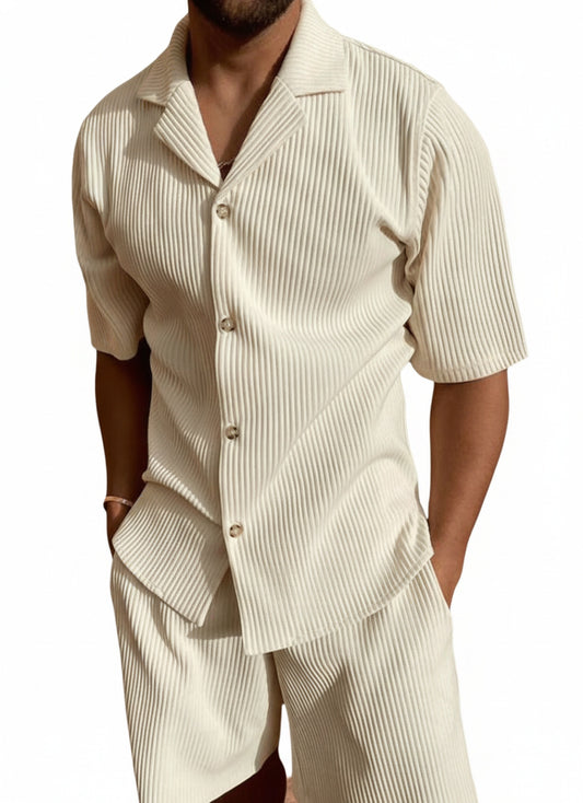 Men's Ribbed Button-Up Shirt and Shorts Two-Piece Set with Camp Collar