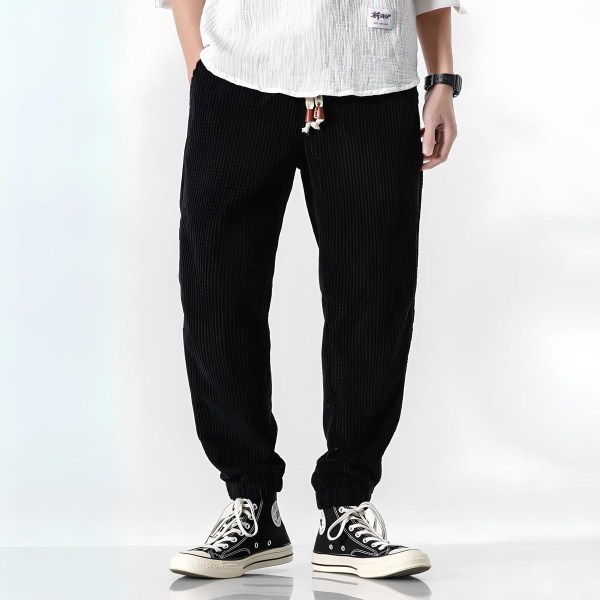 Men's Ribbed Jogger Trousers with Drawstring Waist