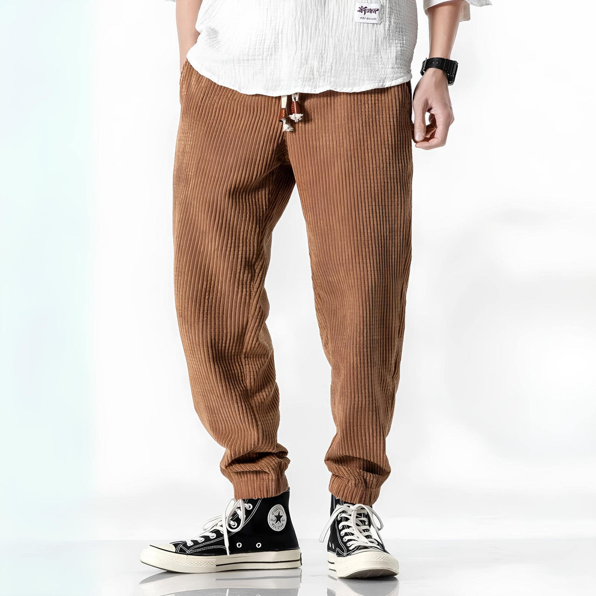 Men's Ribbed Jogger Trousers with Drawstring Waist