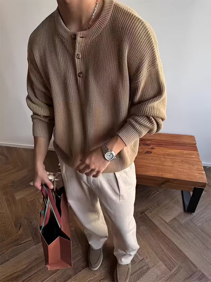 Men's Ribbed Knit Sweater with Button Placket